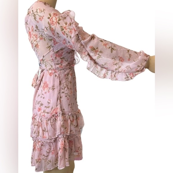 Divided Floral Bohemian Dress Medium M Baby Pink Back-Laced Lined Layered Ruffle - Picture 3 of 12
